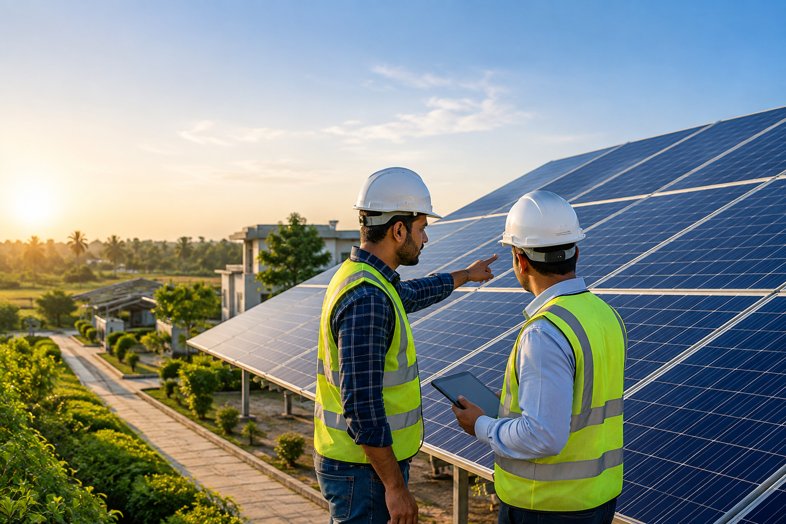 Solar panels generating clean energy at sunset
